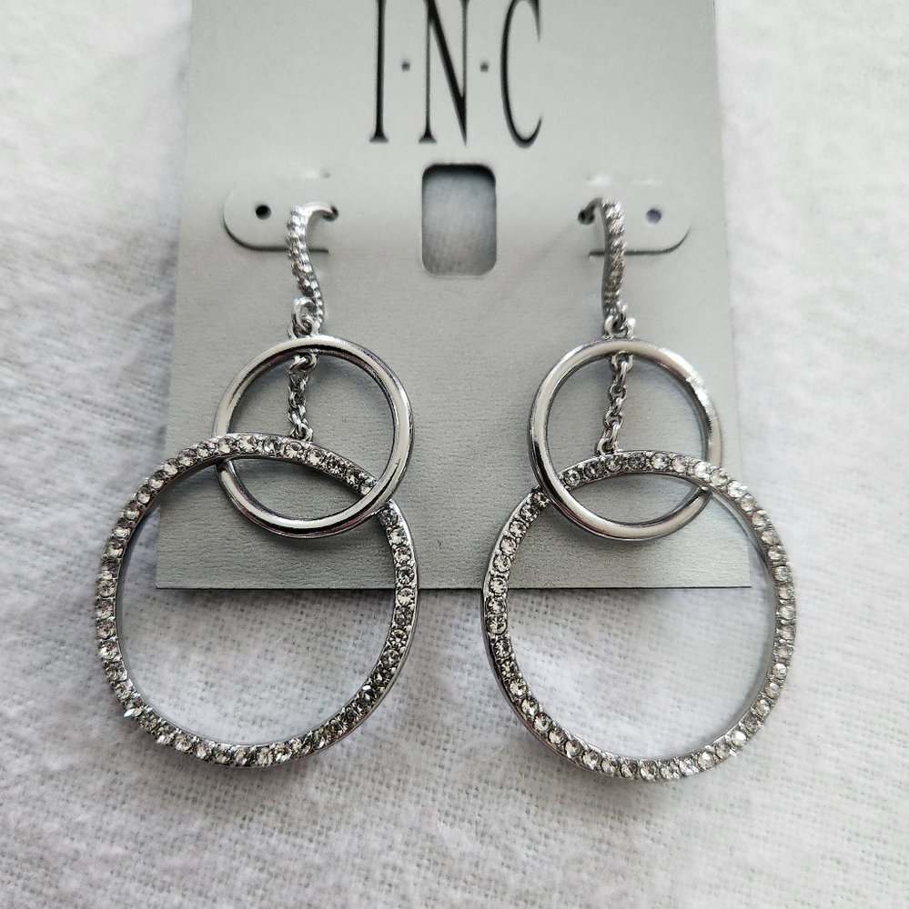 INC International Concepts Silver-Tone Pavé Interlocking Hoop Drop Earr…